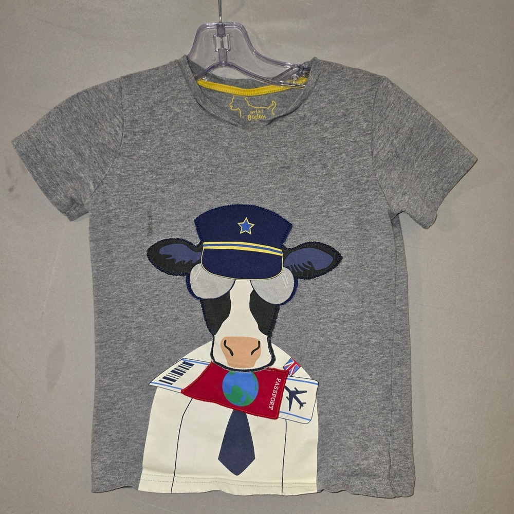 Mini Boden Graphic Tee 7-8Y Kids Gray Pilot Cow Lift-the-Flap Boarding Pass